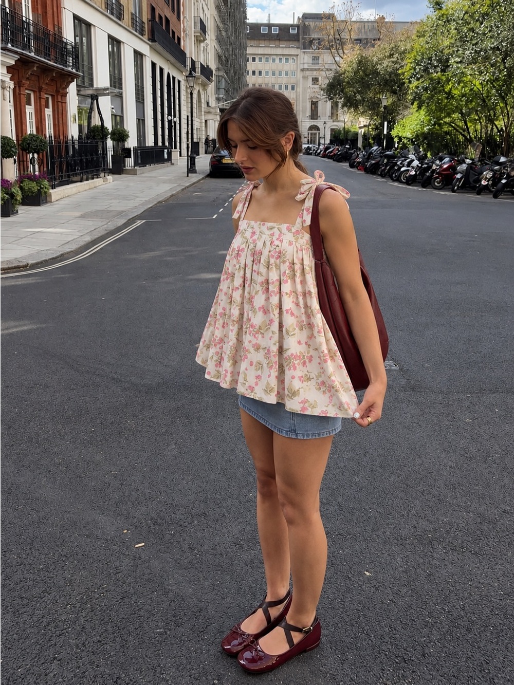 WAYF Stevie Garden Raspberry Floral Linen Tie Strap Pleated Top Size Small NWT